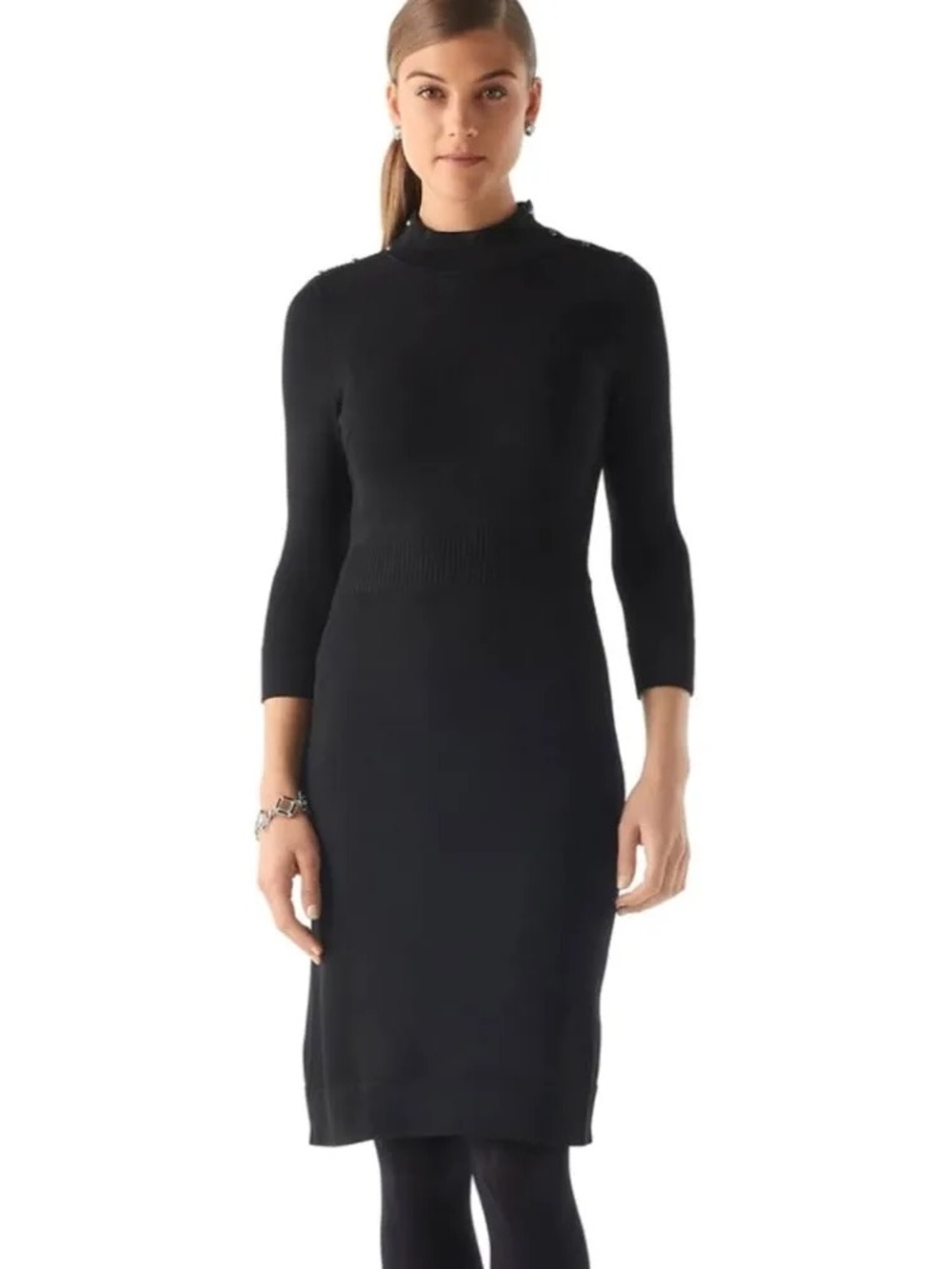 White House Black Market Black Mockneck Long Sleeve Ribbed Sweater Dress Large